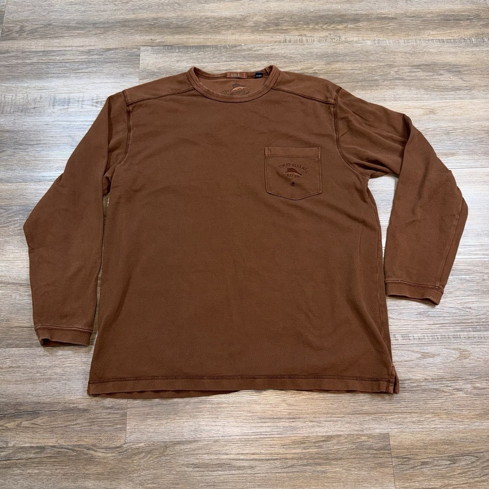 Tommy Bahama Shirt Mens L Brown Long Sleeve Pullover Pocket On Front Small Logo